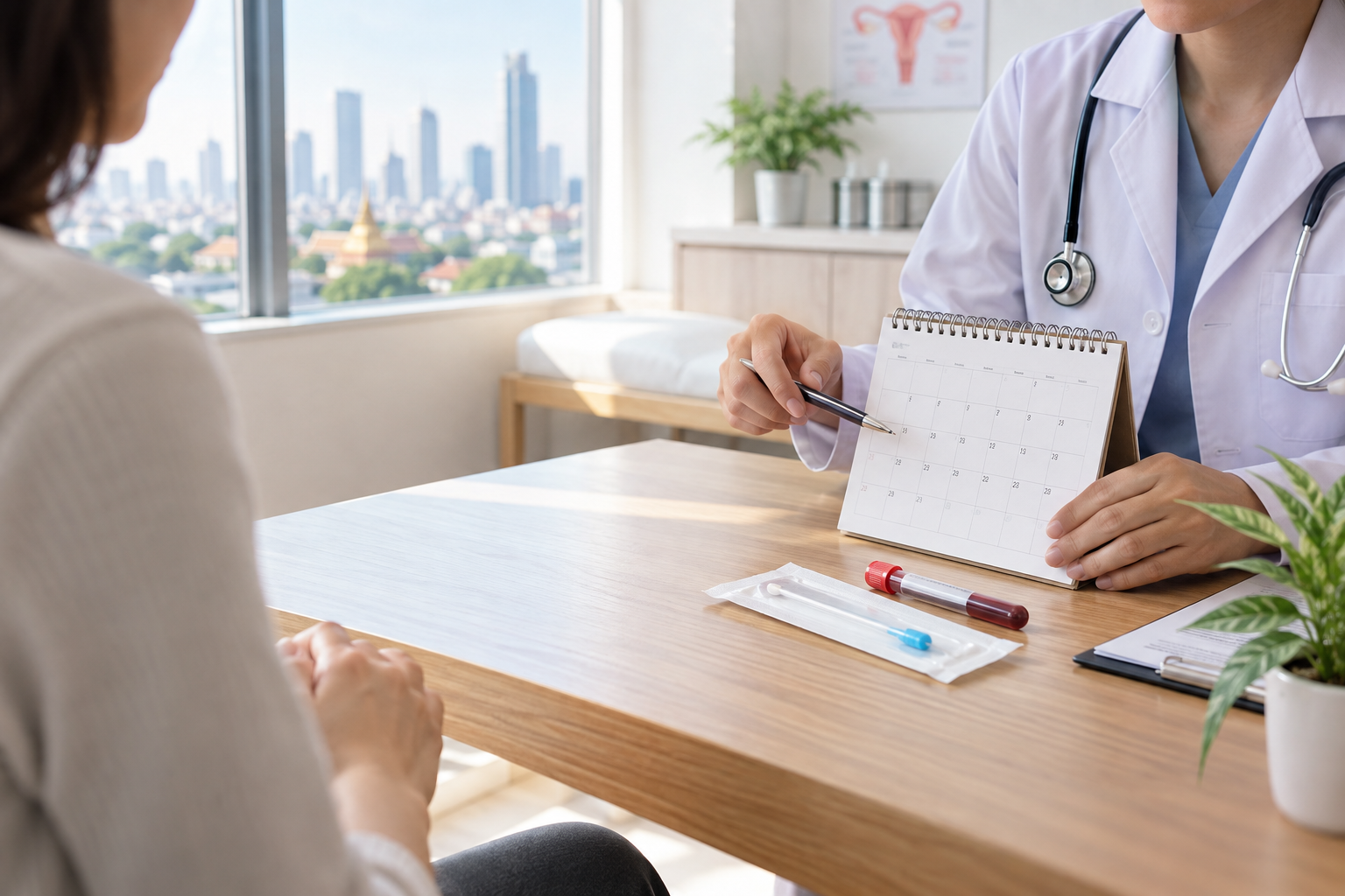 Clinician explaining STD testing timing after sex with a calendar and test samples